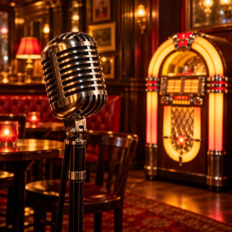 A vintage microphone in front of a glowing jukebox in a cosy pub