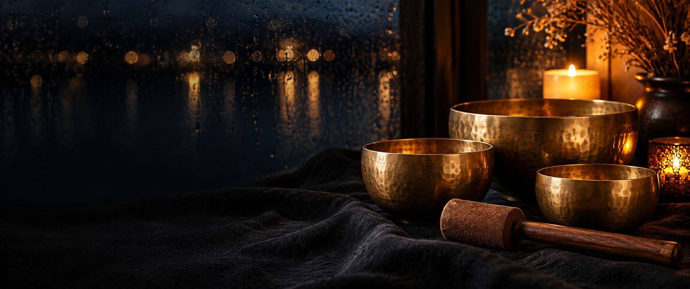Brass singing bowls by candlelight beside a rainy window at night